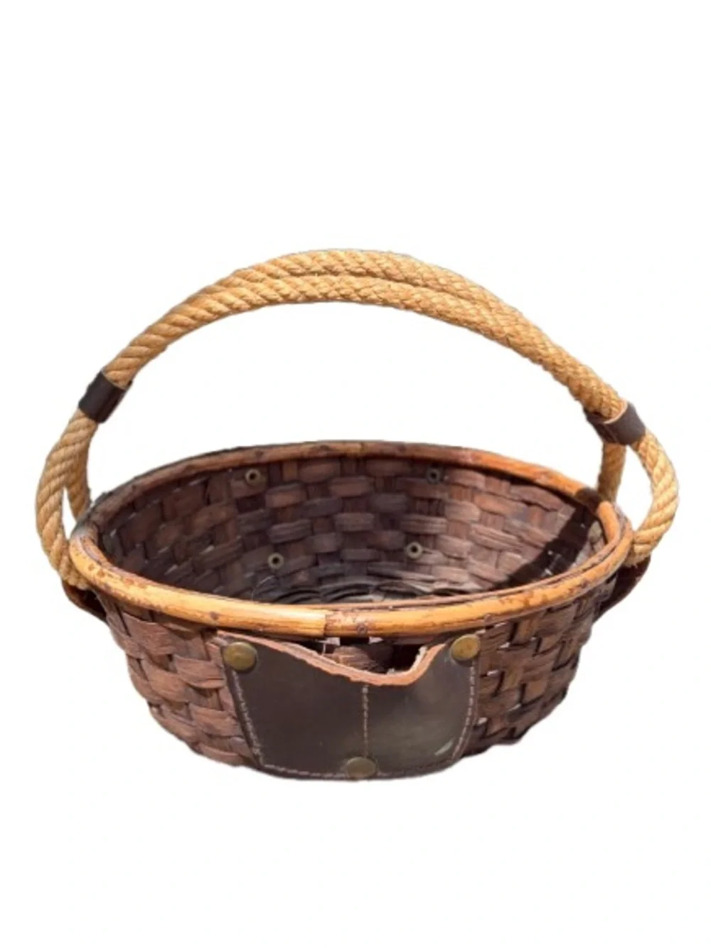 Vintage Wicker Utility Basket Leather Tool Pouch Handles Mid-Century Sewing